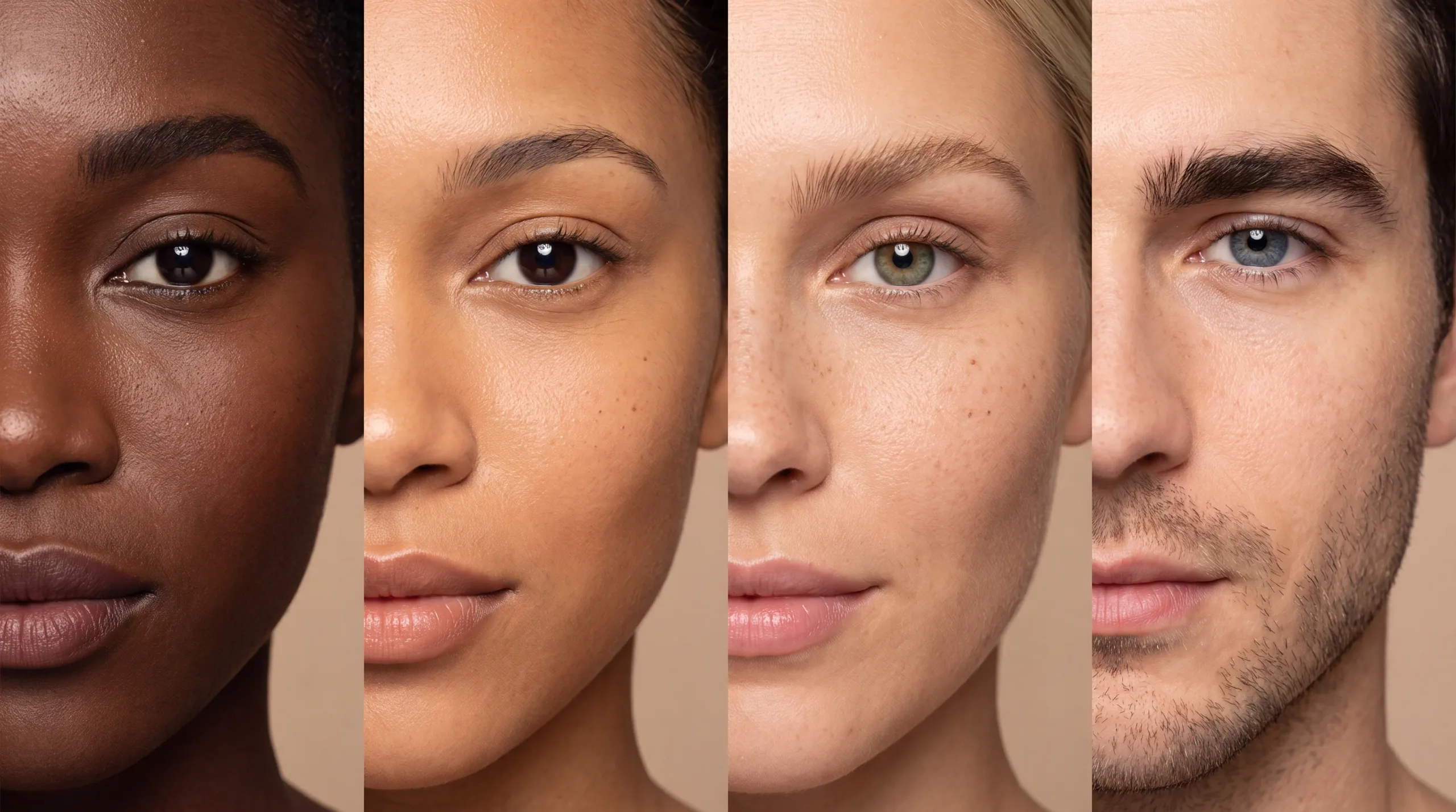 Close-up of four faces with different skin tones side by side, showing natural, unretouched skin texture